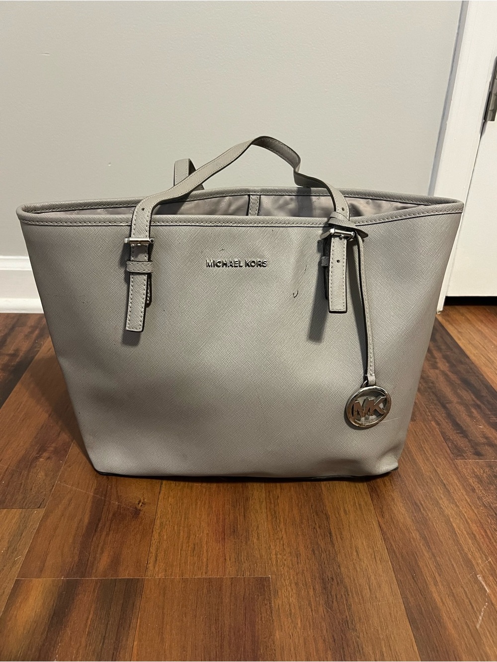 Michael Kors Light Gray Saffiano Leather Messenger Tote